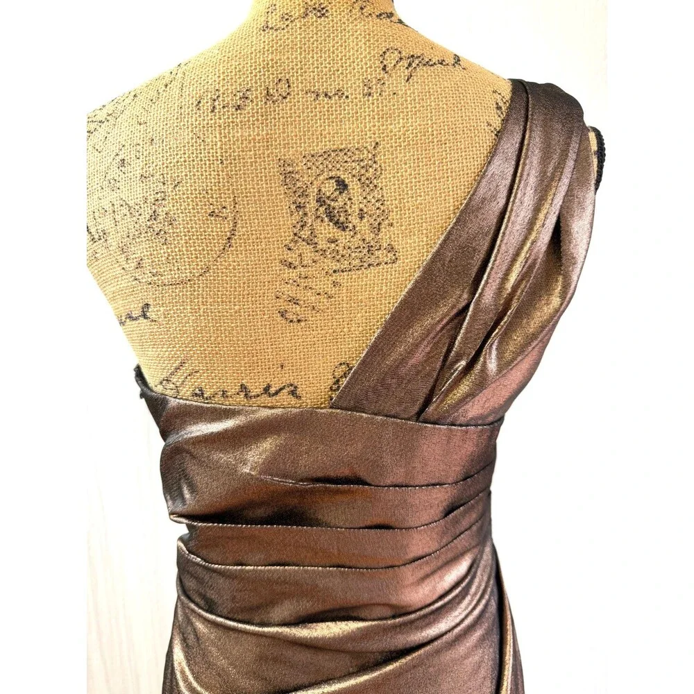 Robert Rodriguez One Shoulder Bronze Metallic Draped Cocktail Dress Size 6